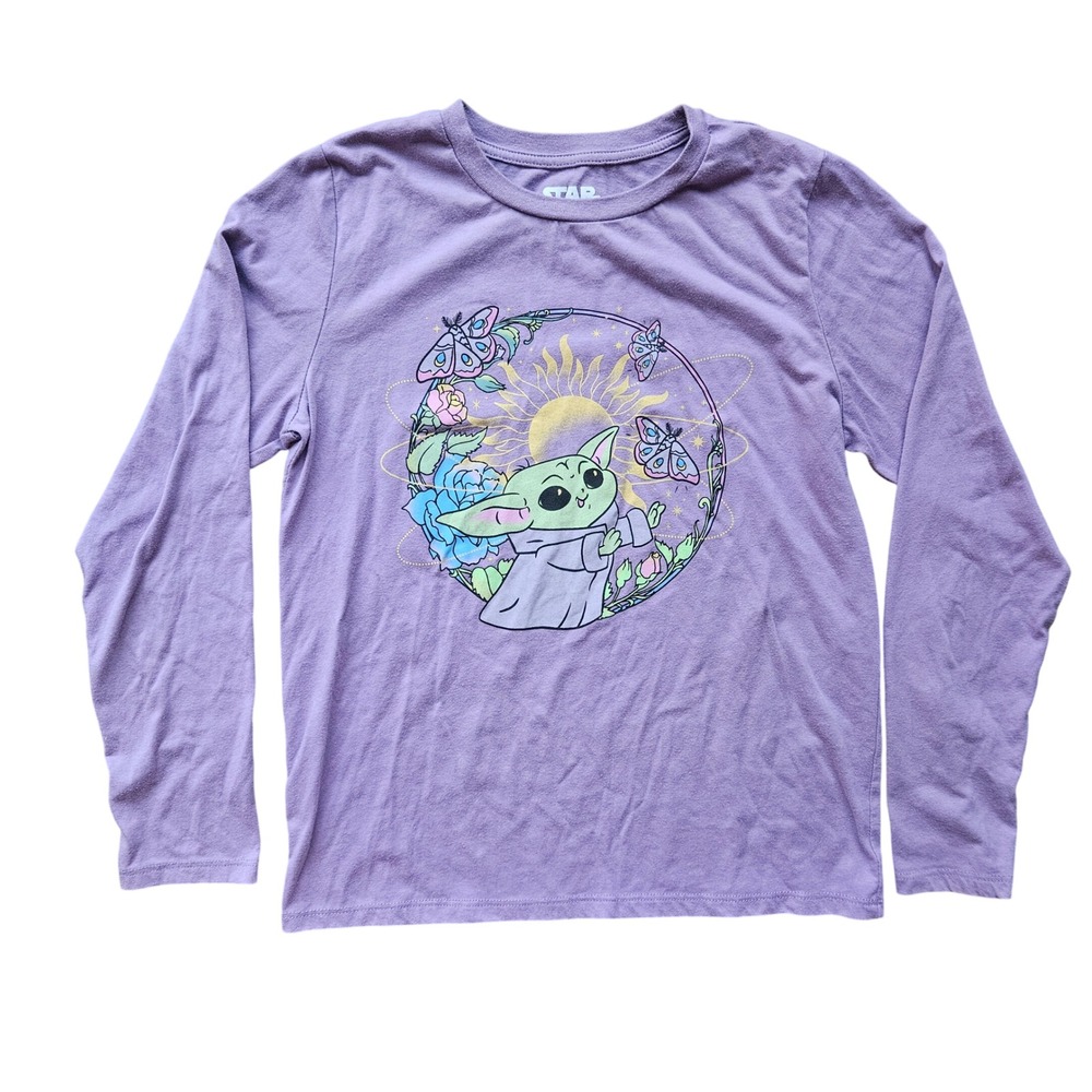 Star Wars Grogu Baby Yoda Purple Long Sleeve Graphic T-Shirt Kids Size XL 14/16